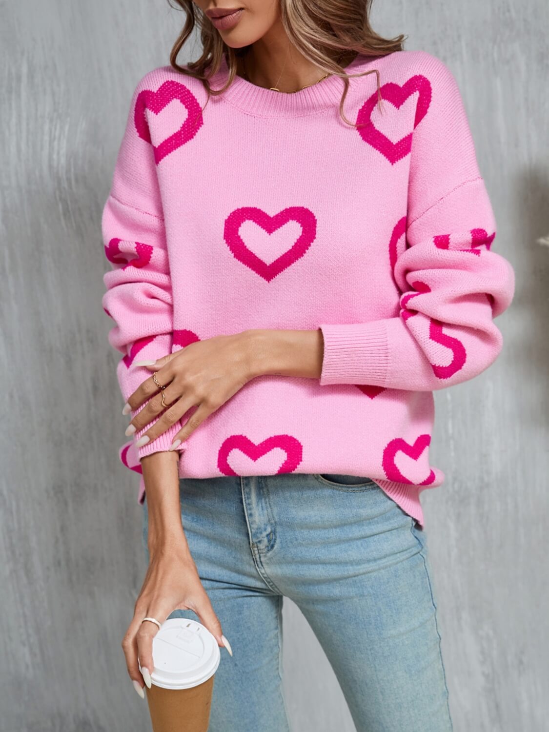 Open to Love Heart Prints Knit Sweater - Pink
