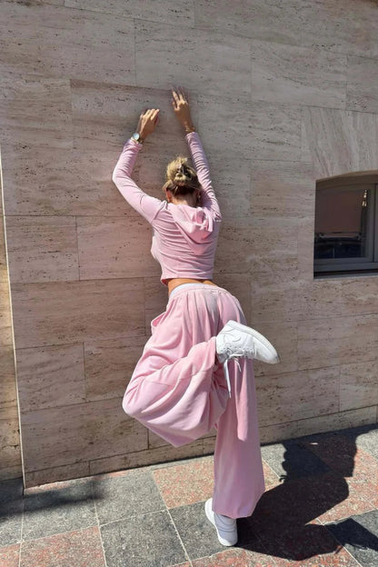 Pink Fitted Hooded Cuffed Ankle Pants Two Piece Set