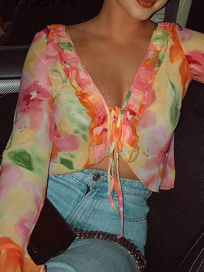 Red Plunge V Neck Chiffon Blouse