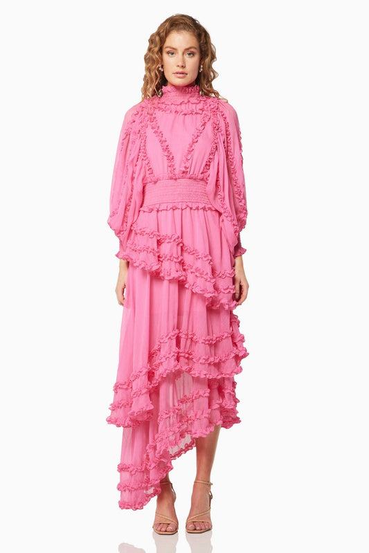 Lantern Sleeve Stand Collar Midi Dress
