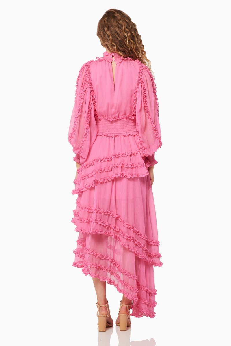 Lantern Sleeve Stand Collar Midi Dress