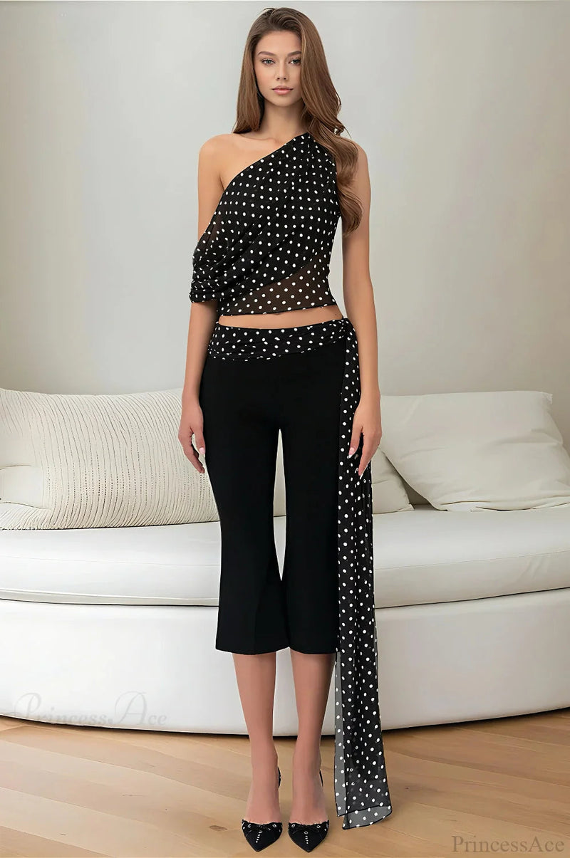 Polka Dot Off Shoulder Crop Top Two Pieces Set