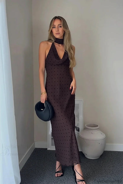 Polka Dot Scarf Neck Halter Maxi Dress