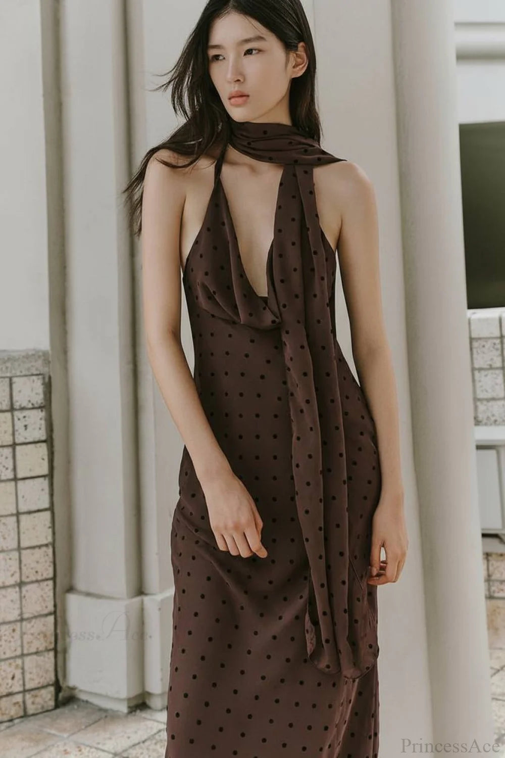 Polka Dot Scarf Neck Halter Maxi Dress