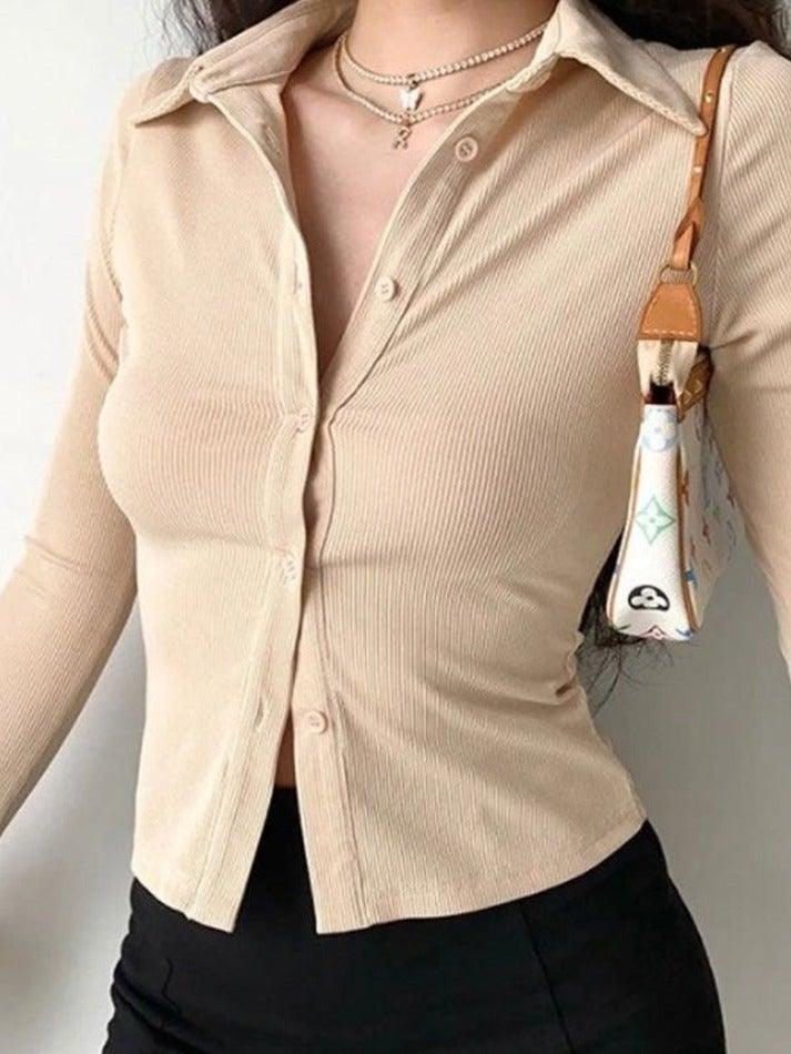 Color Polo Neck Long Sleeve Rib Blouse