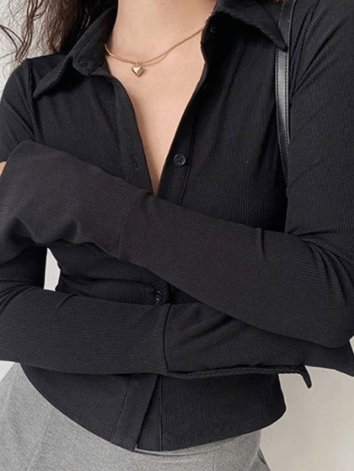 Color Polo Neck Long Sleeve Rib Blouse