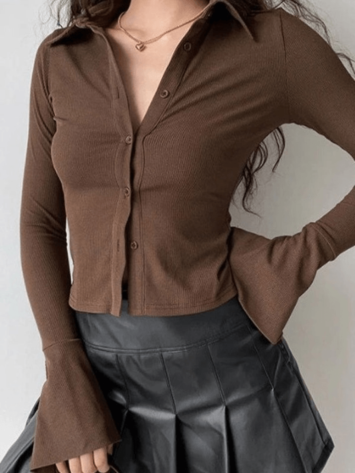 Color Polo Neck Long Sleeve Rib Blouse
