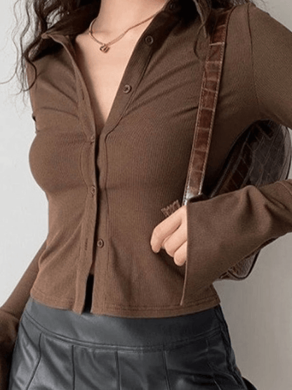 Color Polo Neck Long Sleeve Rib Blouse