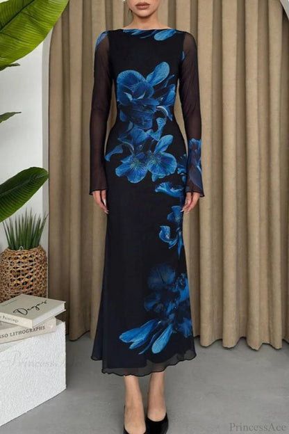 Printed Tulle Panel Fitted Maxi Dress