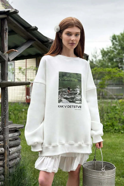 Printed White Loose Crew Neck Pullover Sweatshirt