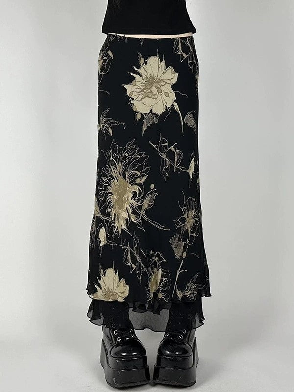 Print Low Waist Maxi Skirt