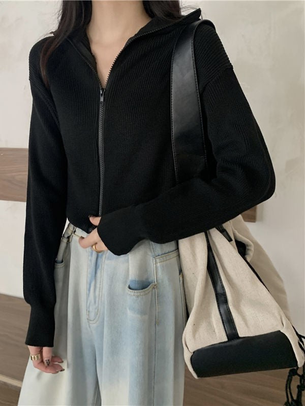 Color Lapel Zip Long Sleeve Sweater