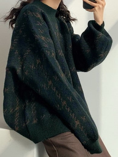 Green Knit Sweater With Plaid Pattern