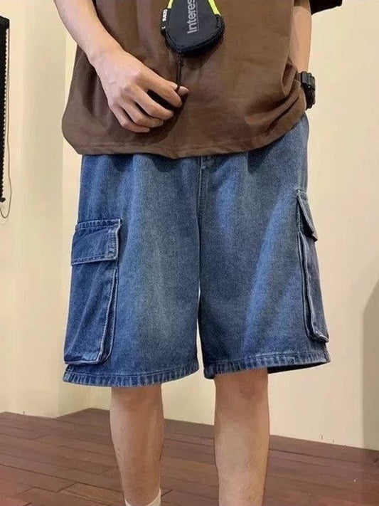 Loose Washed Cargo Denim Shorts for