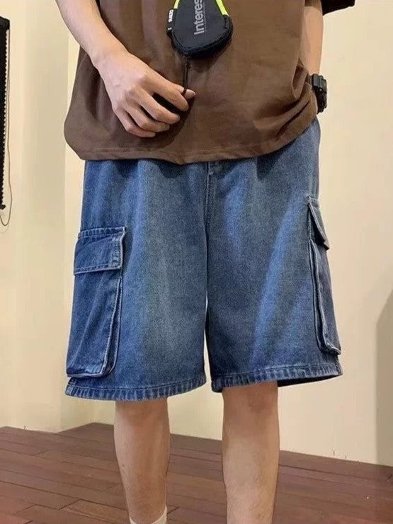 Loose Washed Cargo Denim Shorts for