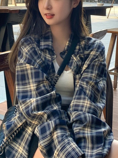 Oversized Plaid Button Long Sleeve Blouse