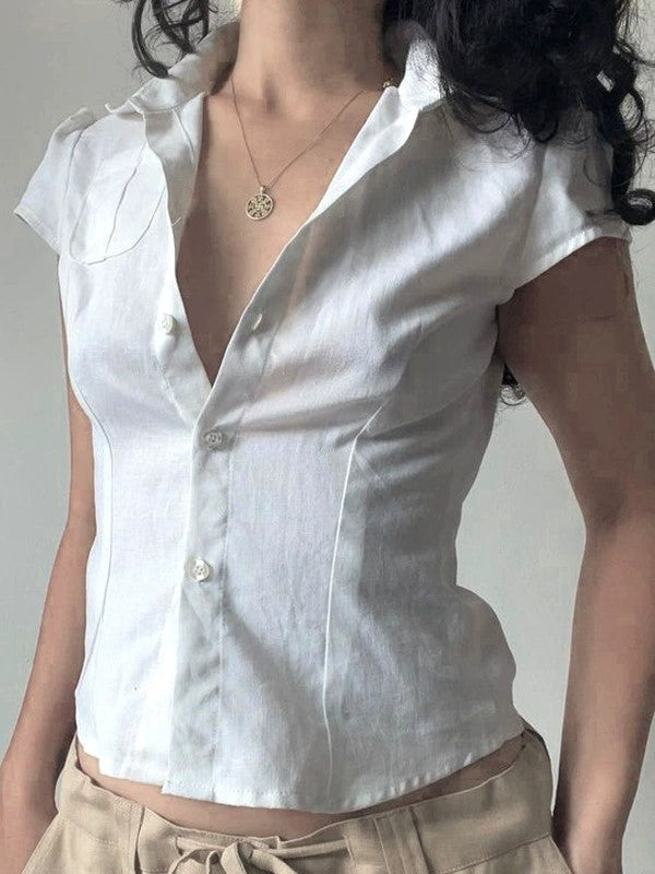 White Button Front Pocket Blouse