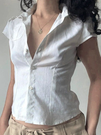 White Button Front Pocket Blouse