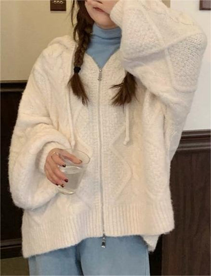 Classic Oversized White Cardigan With Hood and Zip