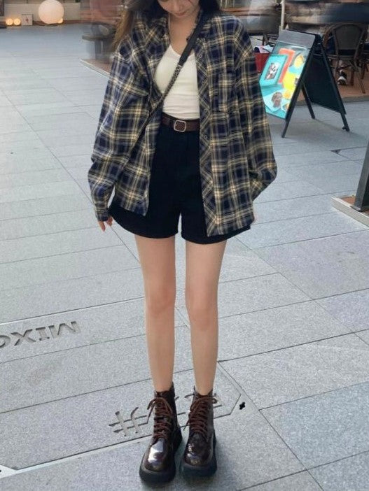 Oversized Plaid Button Long Sleeve Blouse
