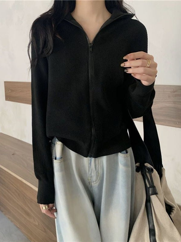 Color Lapel Zip Long Sleeve Sweater
