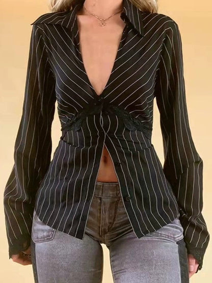 Long Sleeve Striped Blouse With V Neck and Lace Detail