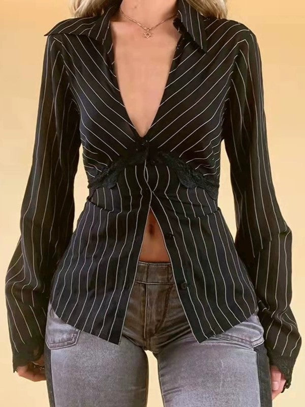 Long Sleeve Striped Blouse With V Neck and Lace Detail