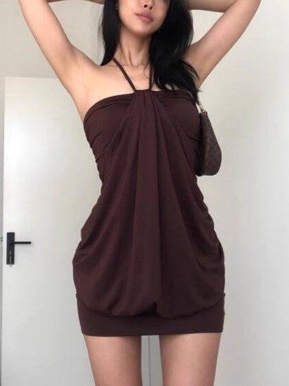 Brown Halter Off Shoulder Mini Dress