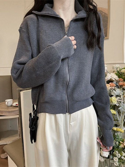 Color Lapel Zip Long Sleeve Sweater