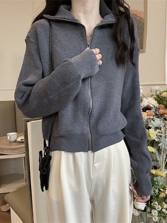 Color Lapel Zip Long Sleeve Sweater