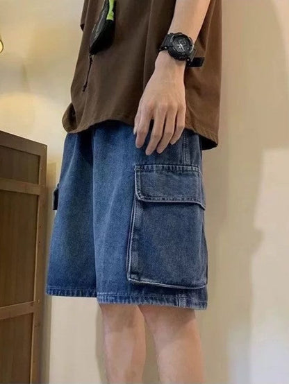 Loose Washed Cargo Denim Shorts for