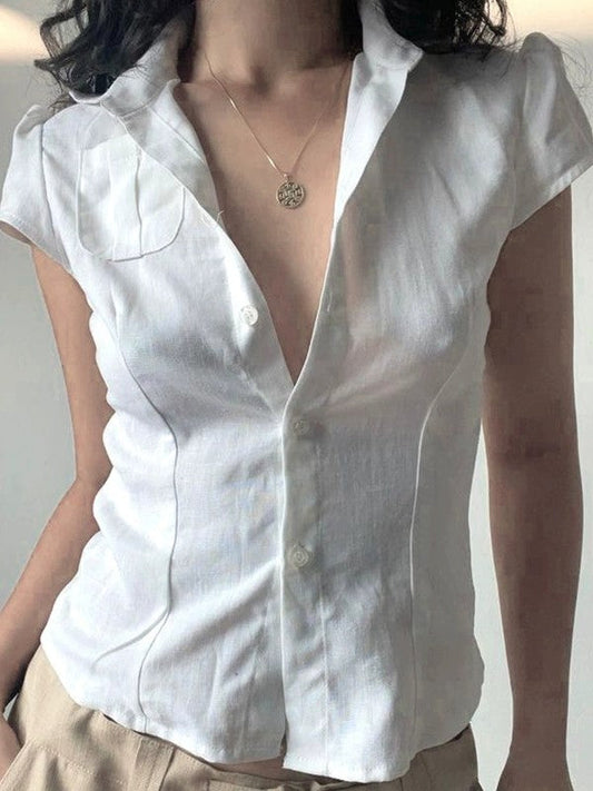 White Button Front Pocket Blouse