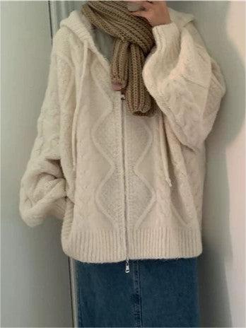 Classic Oversized White Cardigan With Hood and Zip