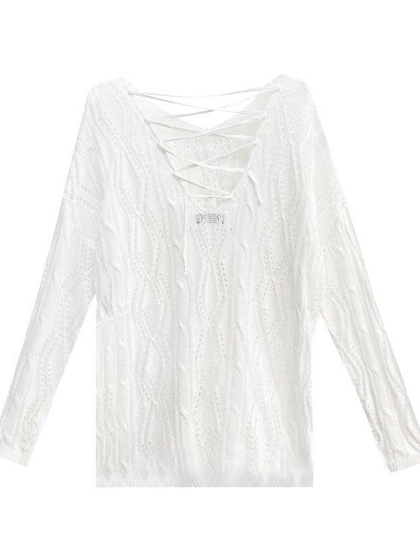 Knit Hollow Out Backless Long Sleeve Blouse