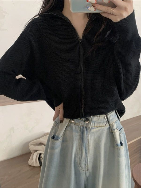 Color Lapel Zip Long Sleeve Sweater