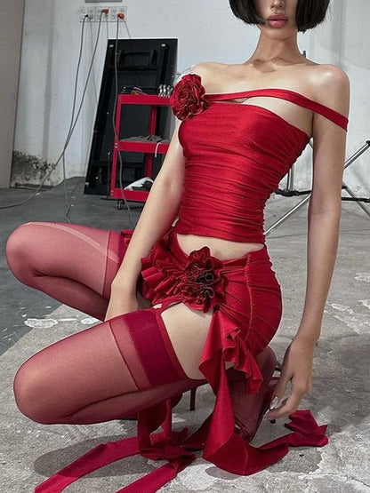 Red Y2k Flower Decoration Two Piece Set