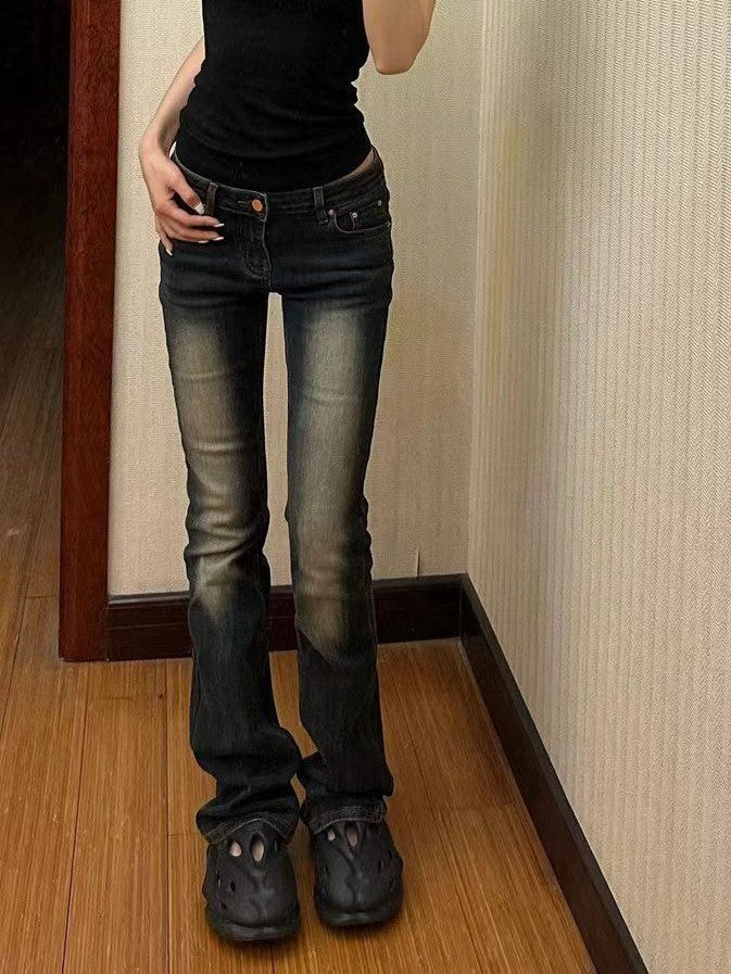 Dark Washed Effect Low Rise Flared Pants
