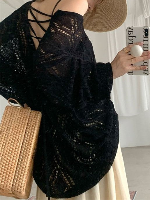 Knit Hollow Out Backless Long Sleeve Blouse