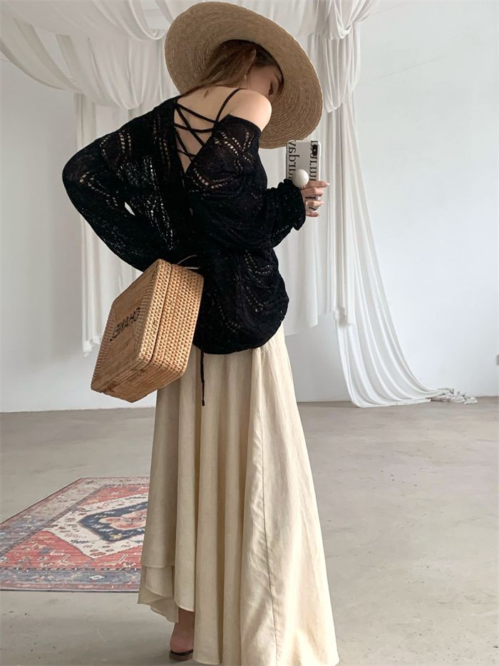 Knit Hollow Out Backless Long Sleeve Blouse