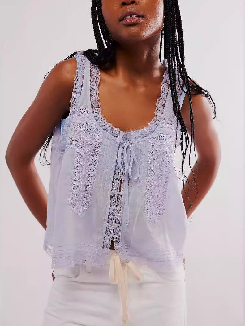 Color Hollow Out Ruffle Cardigan Tank Top