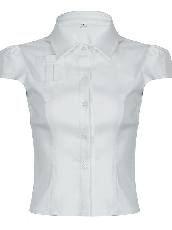 White Button Front Pocket Blouse