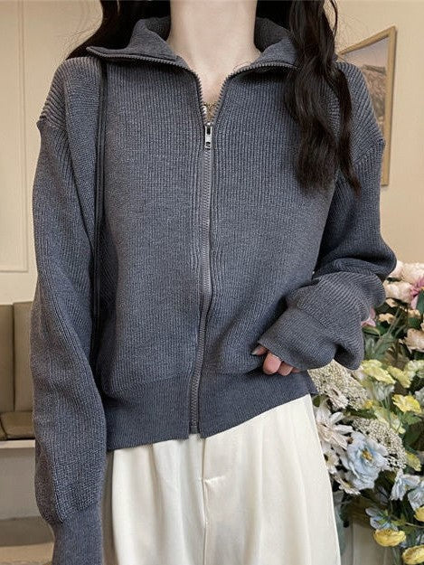 Color Lapel Zip Long Sleeve Sweater