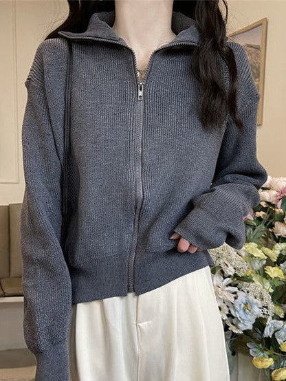 Color Lapel Zip Long Sleeve Sweater