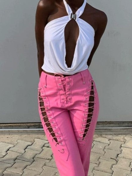 Cutout Detail Pu Leather Pants