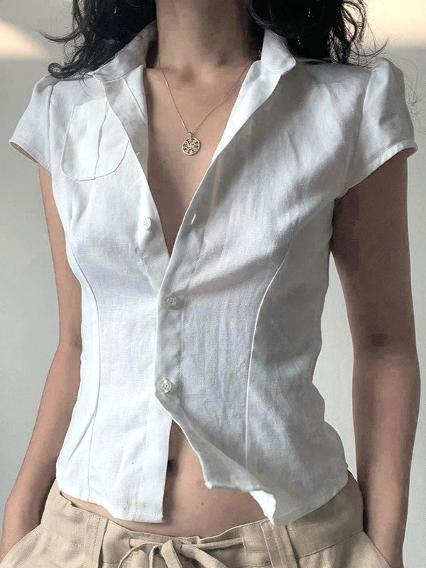 White Button Front Pocket Blouse