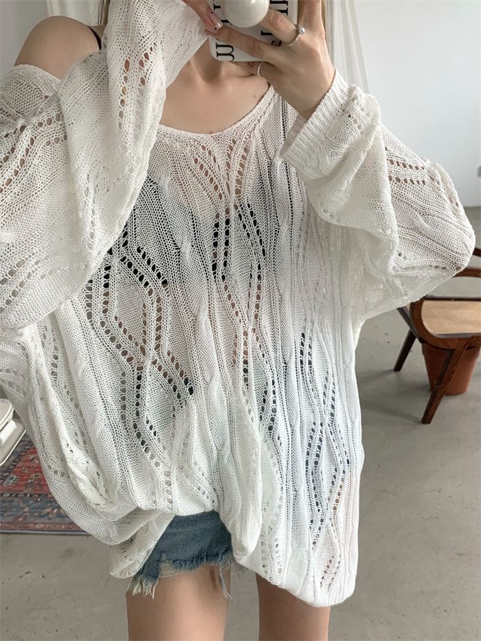 Knit Hollow Out Backless Long Sleeve Blouse