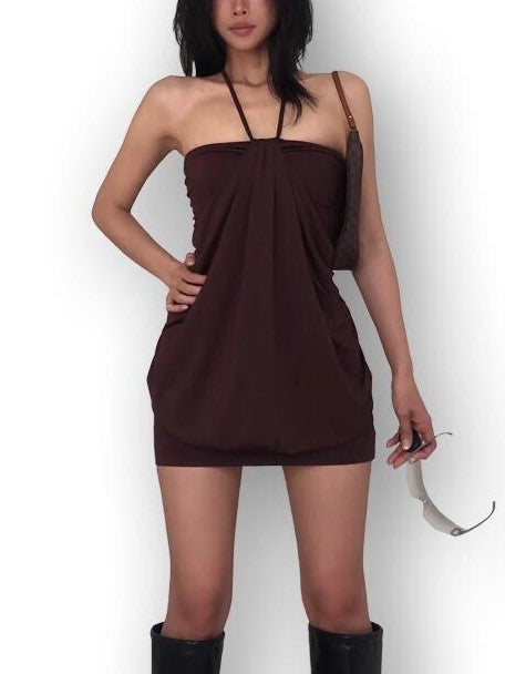 Brown Halter Off Shoulder Mini Dress