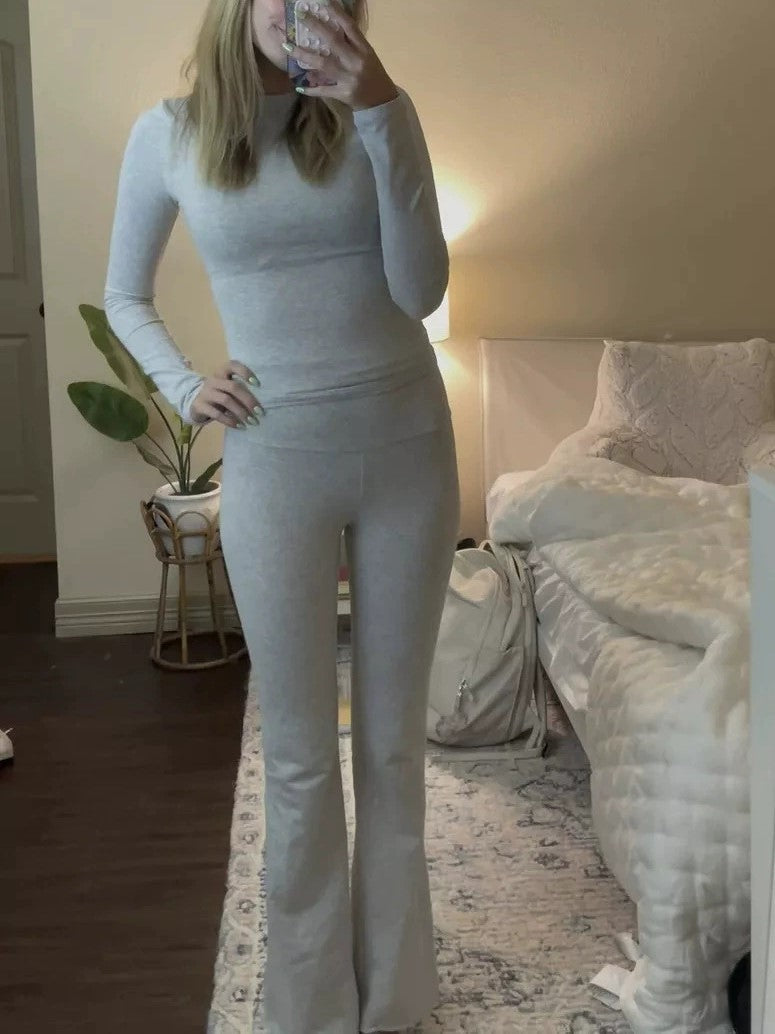 Classic Color Long Sleeve Top and Flare Pants Set