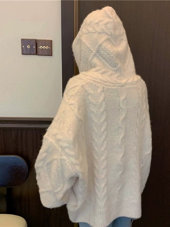 Classic Oversized White Cardigan With Hood and Zip