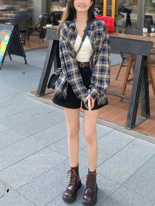 Oversized Plaid Button Long Sleeve Blouse